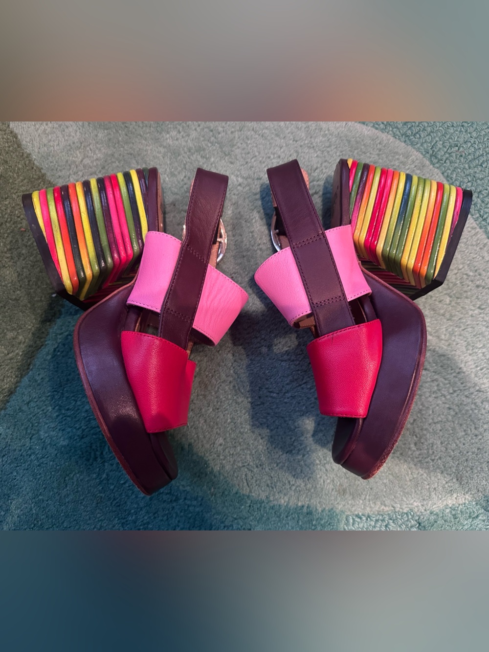 Fluevog NEARLY NEW Picnic Kerry striped rainbow heel platform open-toe sandal -6 - Picture 9 of 16